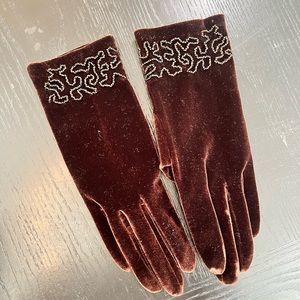 Vintage Brown Velvet Bead Embroidered Gloves